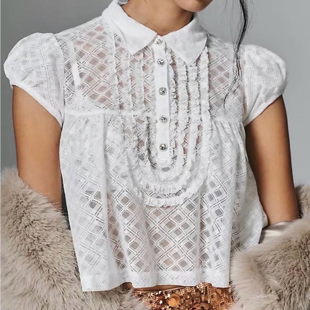 Maeve White Lace Button-Up Blouse Puff-Sleeve Cropped Swing Top
